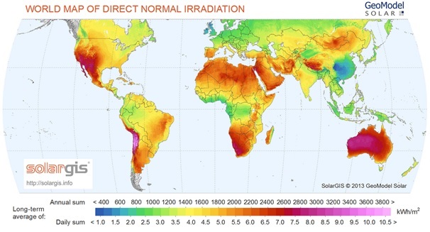 Figure 2: World map of Direct Normal Irradiance (DNI)